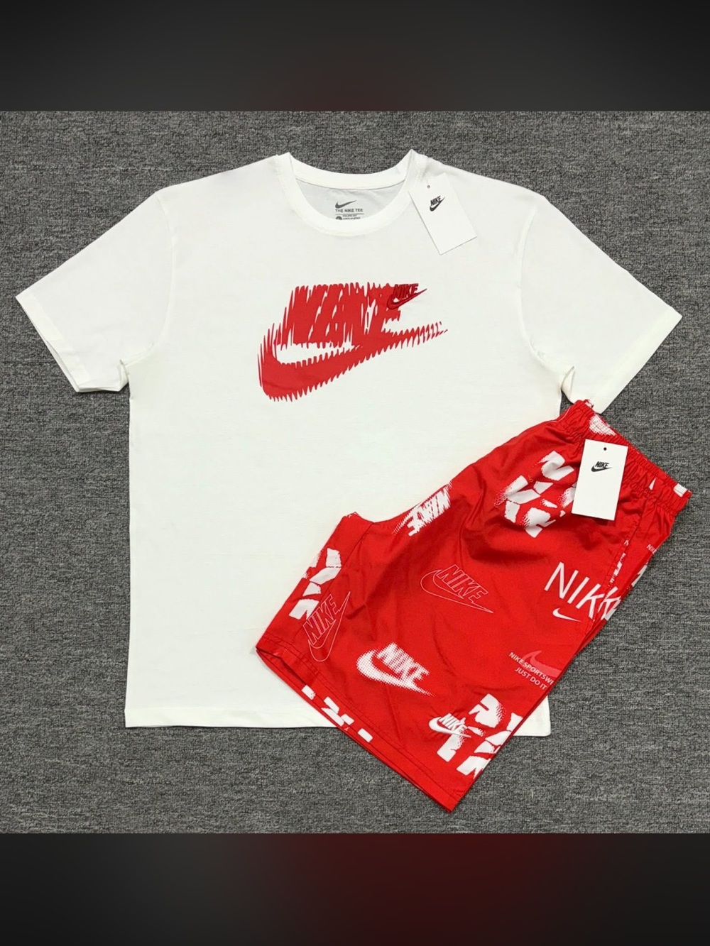 Nike White Tee with Red Swoosh & Red Logo Shorts